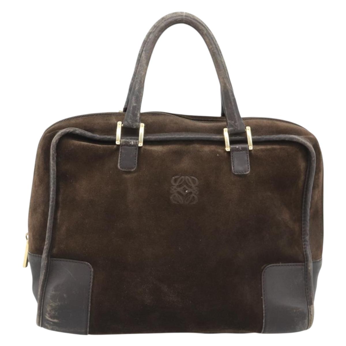 LOEWE Hand Bag Suede Brown Gold Tone Auth ep15349