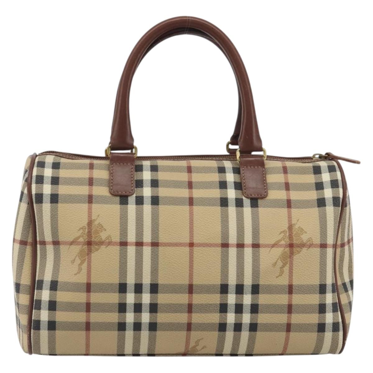 BURBERRY Nova Check Hand Bag PVC Leather Beige Gold Tone Auth ep15358A