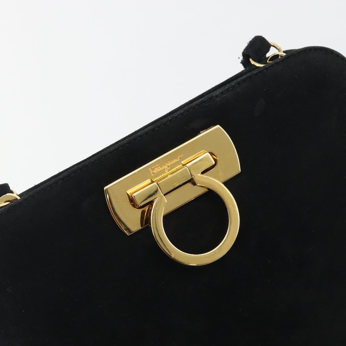 Salvatore Ferragamo Gancini Hand Bag Suede Black Gold Tone Auth ep15363A