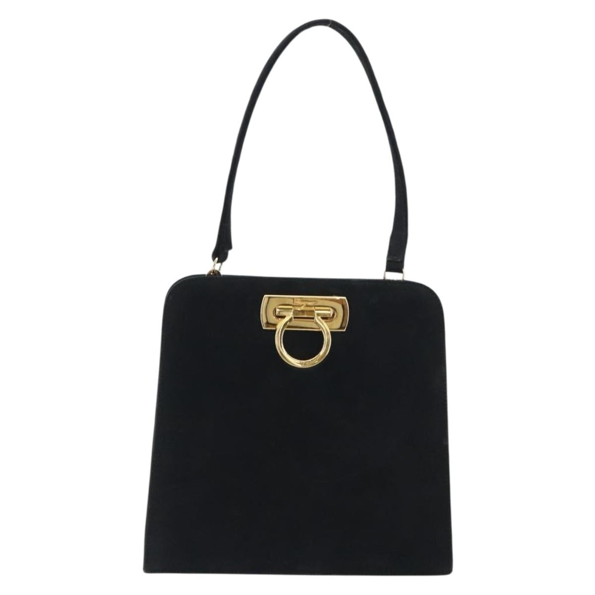 Salvatore Ferragamo Gancini Hand Bag Suede Black Gold Tone Auth ep15363A