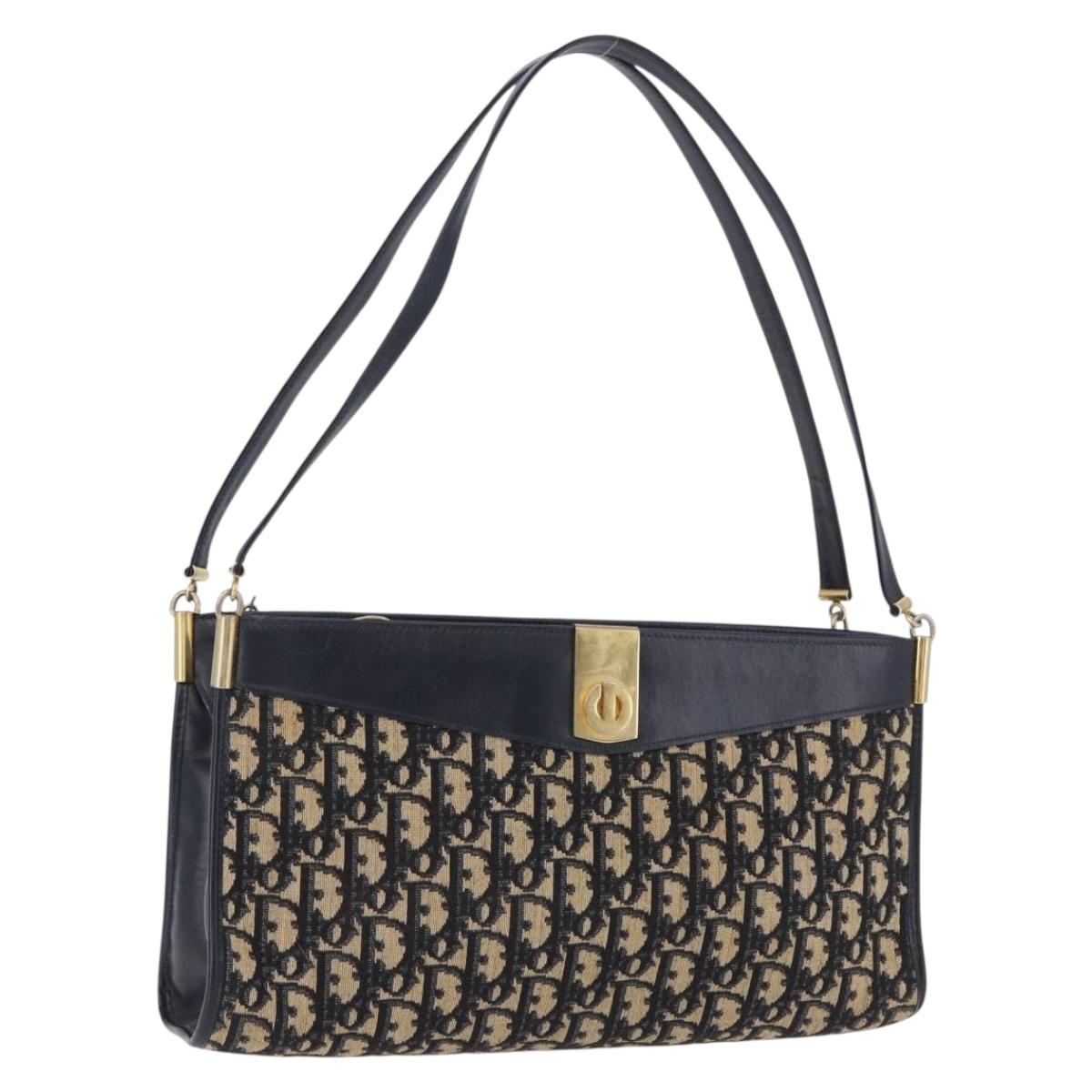 Christian Dior Trotter Canvas Shoulder Bag Navy Gold Tone Auth ep15368A