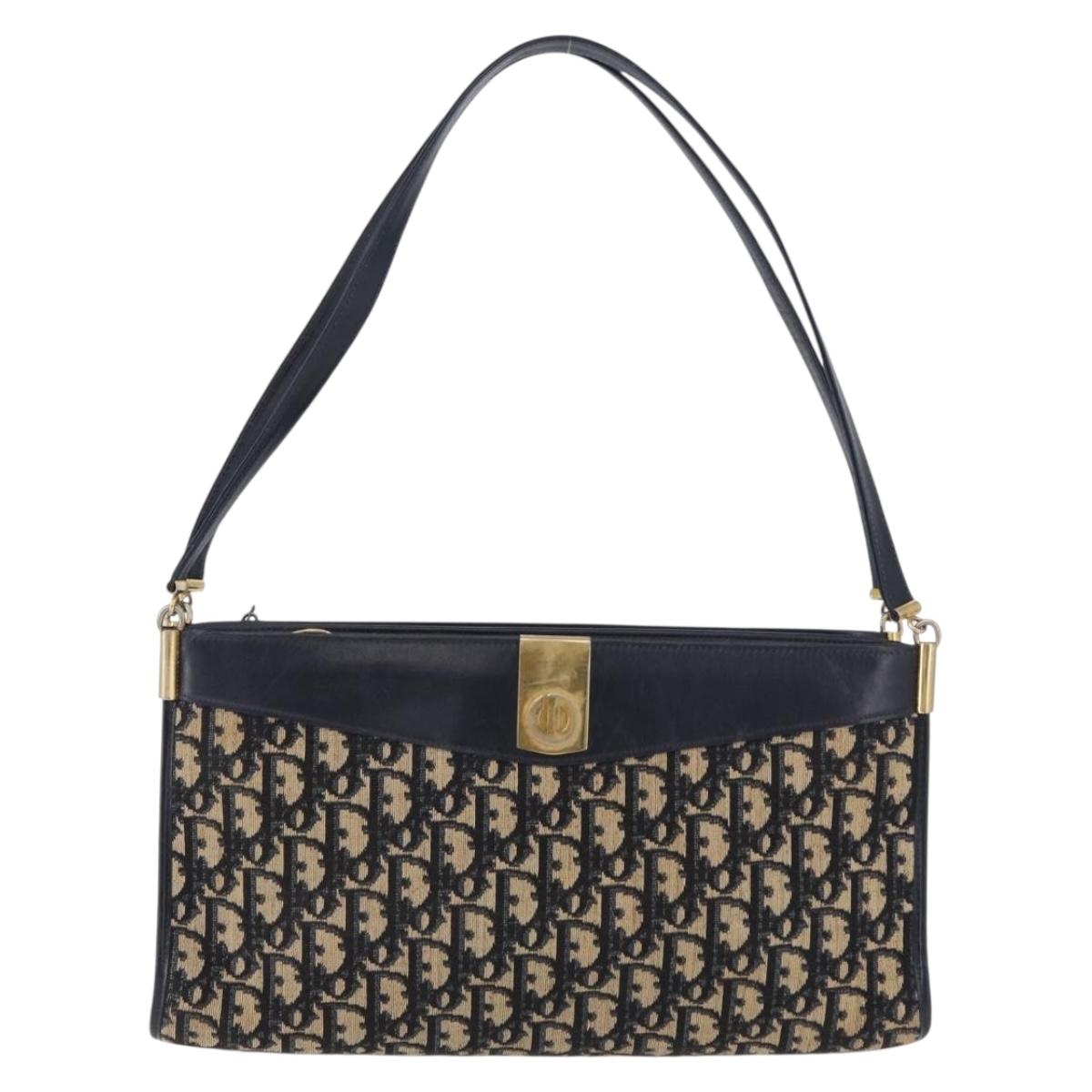 Christian Dior Trotter Canvas Shoulder Bag Navy Gold Tone Auth ep15368A