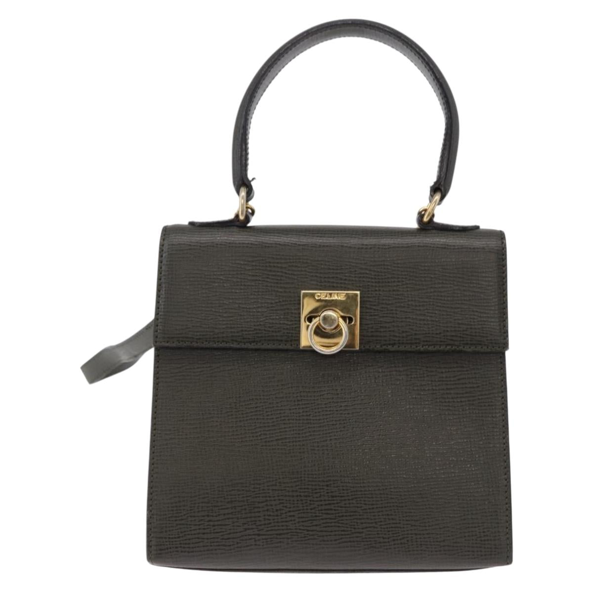 CELINE Hand Bag Leather 2way Khaki Gold Tone Auth ep15377
