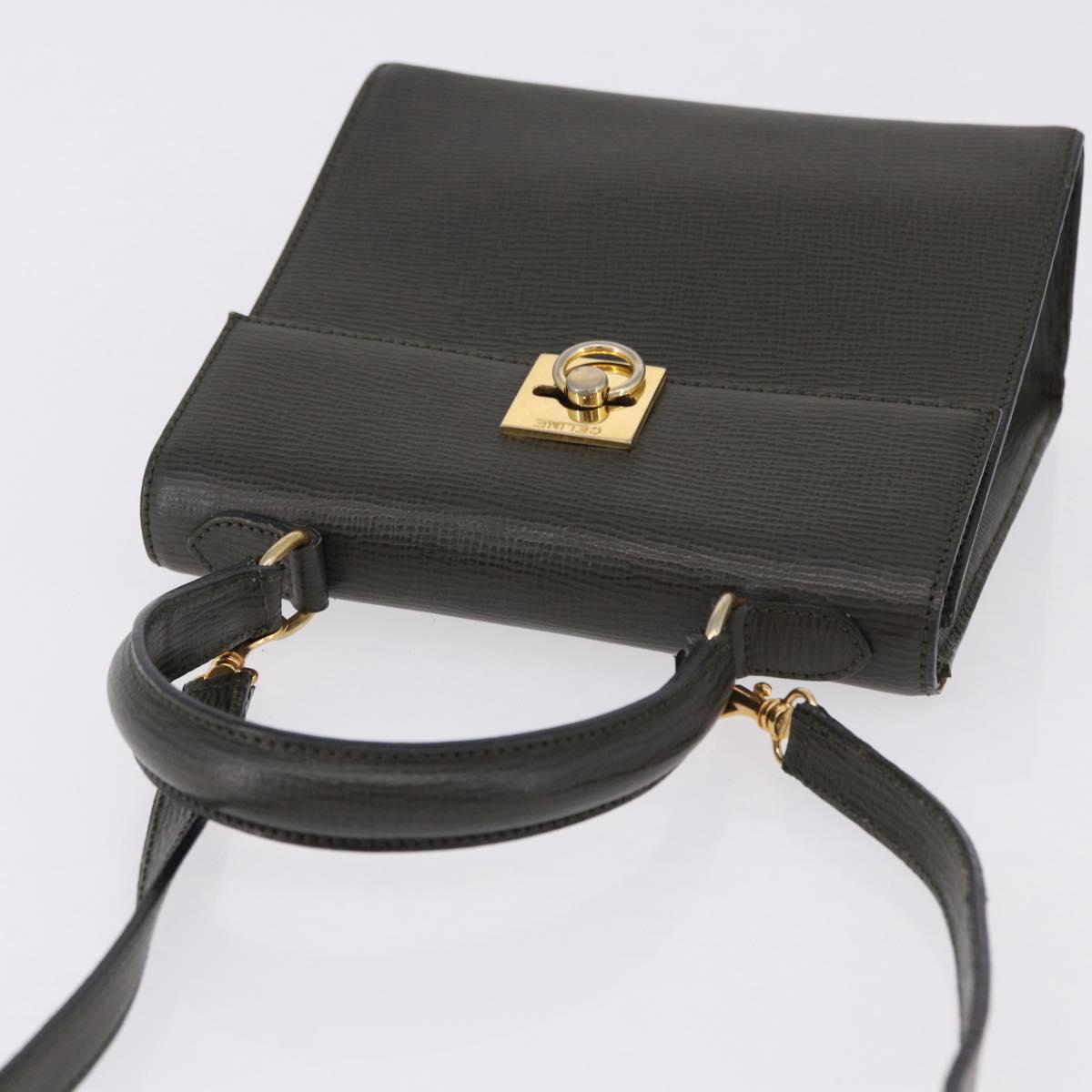 CELINE Hand Bag Leather 2way Khaki Gold Tone Auth ep15377