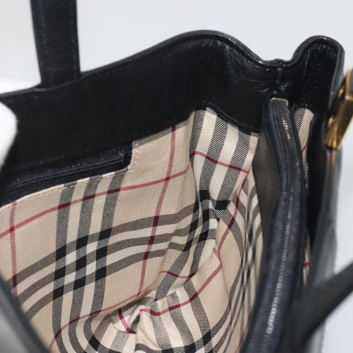 BURBERRY Hand Bag Leather Black Gold Tone Auth ep15378