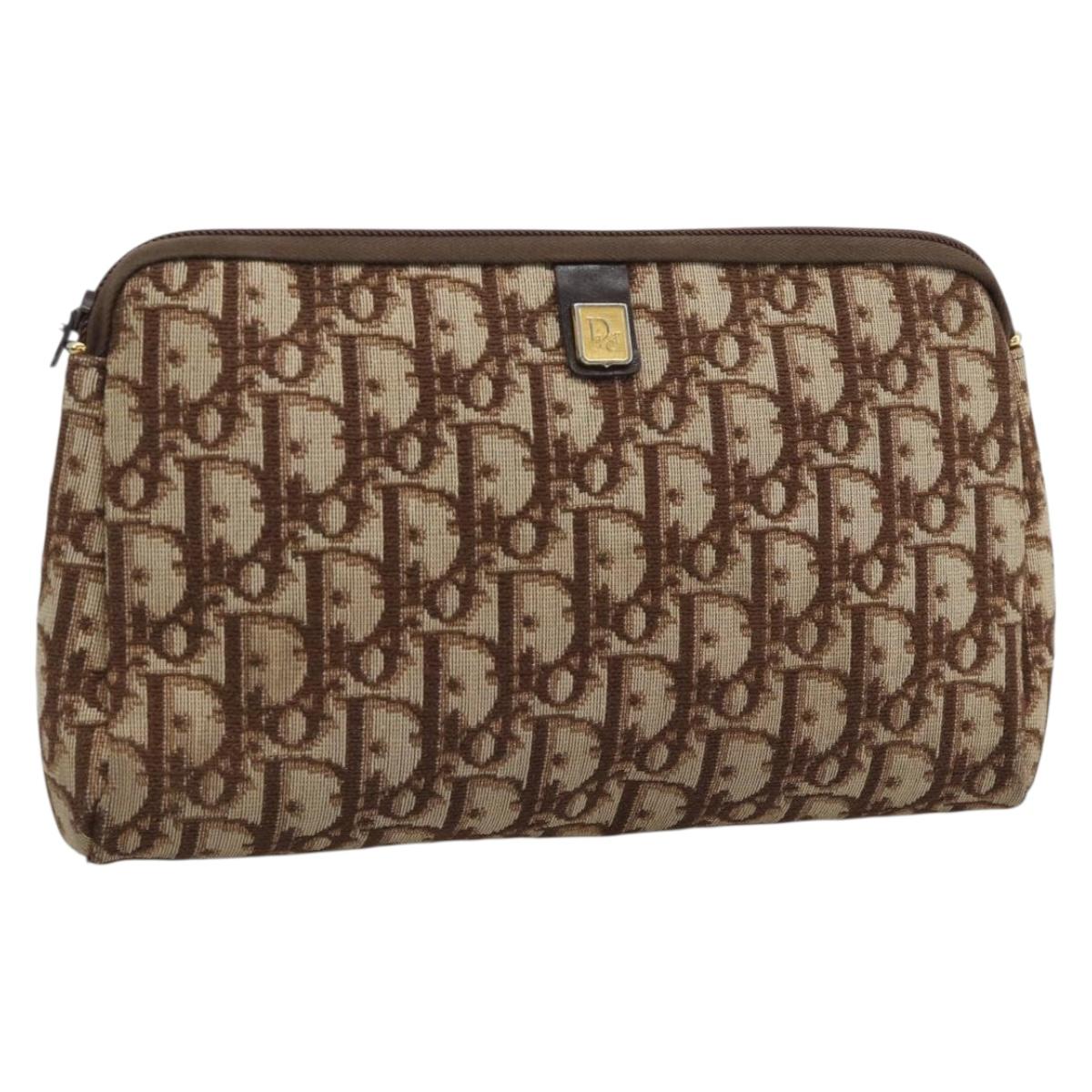 Christian Dior Trotter Canvas Pouch Brown Gold Tone Auth ep15385