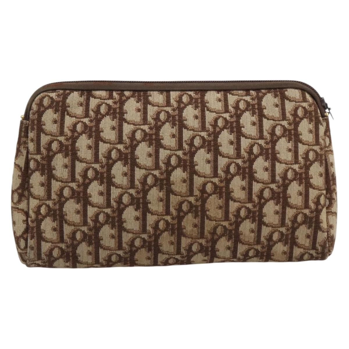 Christian Dior Trotter Canvas Pouch Brown Gold Tone Auth ep15385