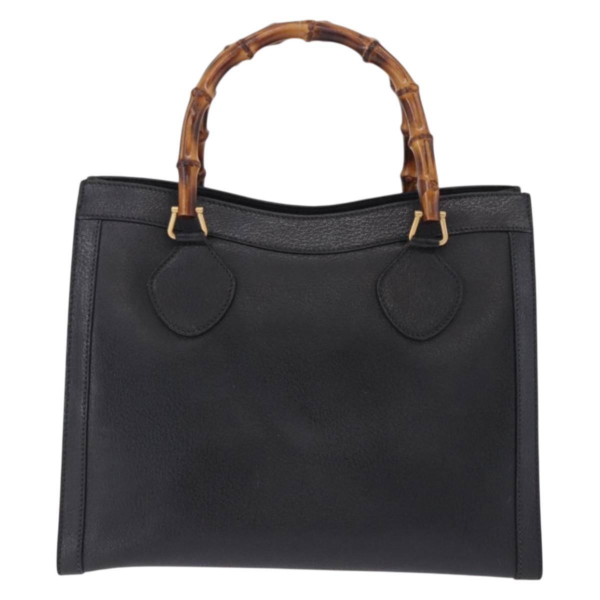 GUCCI Bamboo Hand Bag Leather Black Gold Tone Auth ep15386