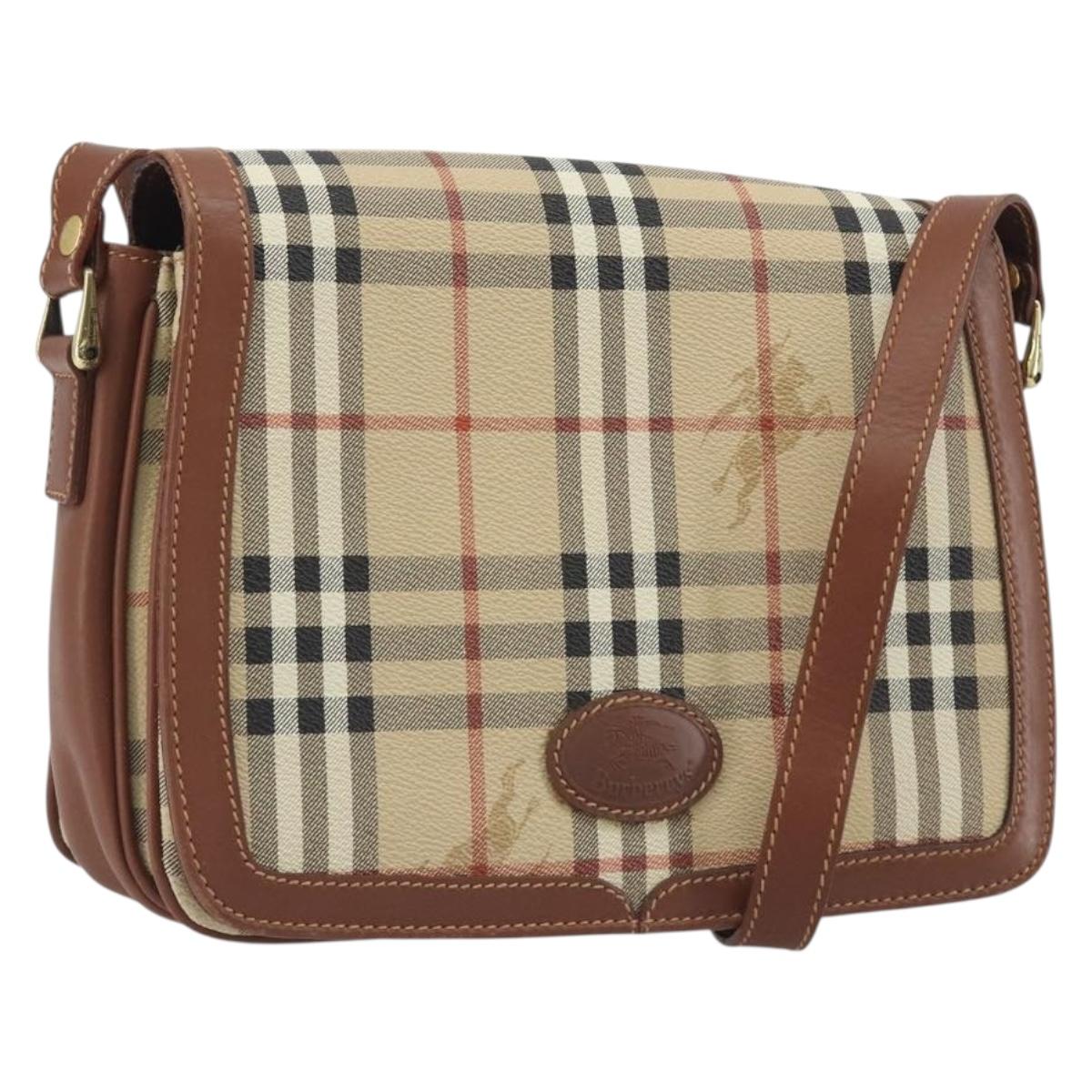Burberrys Nova Check Shoulder Bag PVC Leather Beige Gold Tone Auth ep15388