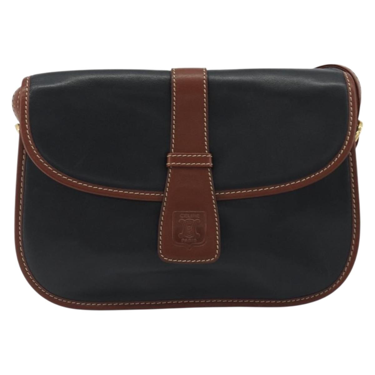 CELINE Shoulder Bag Leather Black Brown Auth ep15389
