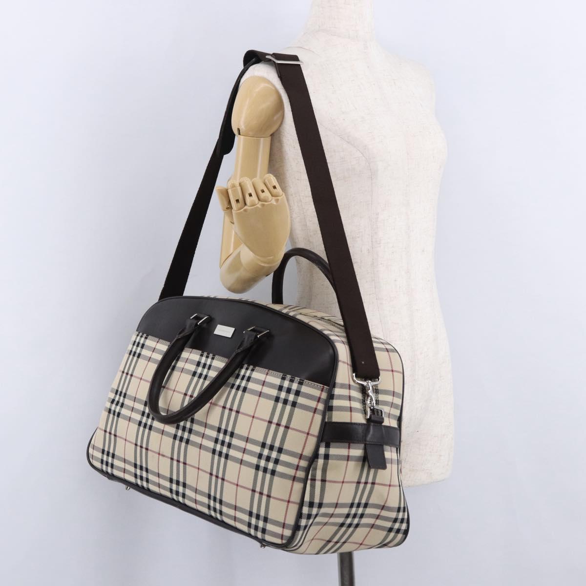 BURBERRY Nova Check Boston Bag Canvas 2way Beige Silver Auth ep15395