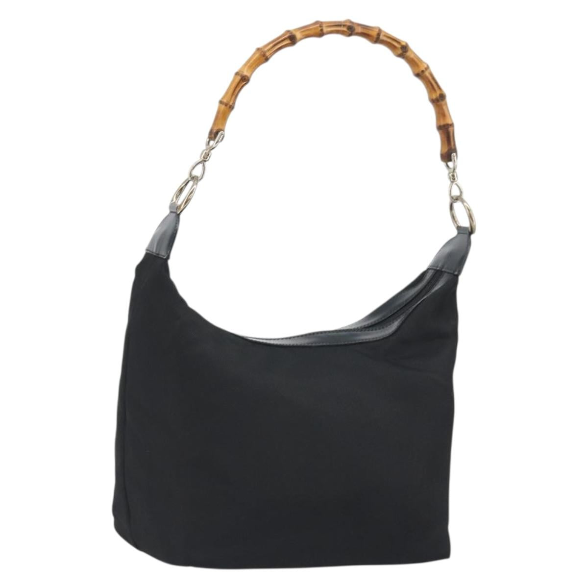 GUCCI Bamboo Hand Bag Nylon Black Silver Auth ep15413