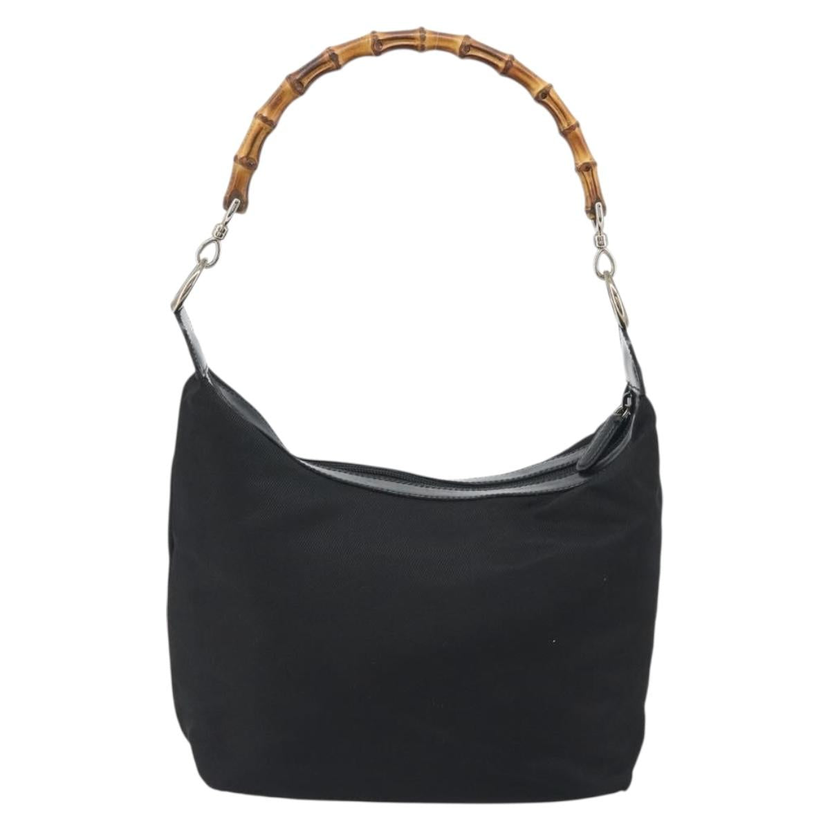 GUCCI Bamboo Hand Bag Nylon Black Silver Auth ep15413