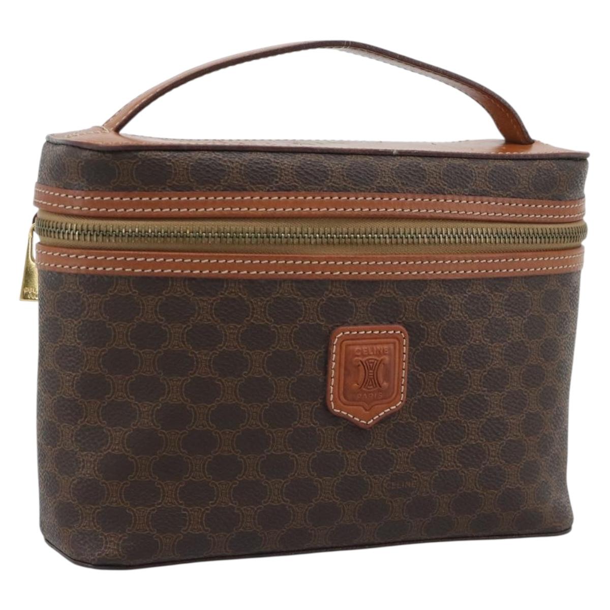CELINE Macadam Vanity Cosmetic Pouch PVC Leather Brown Gold Tone Auth ep15416