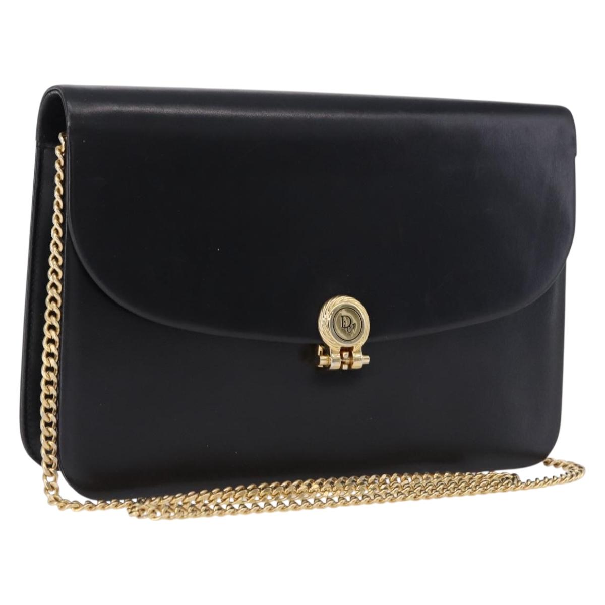 Christian Dior Chain Shoulder Bag Leather Black Gold Tone Auth ep15433
