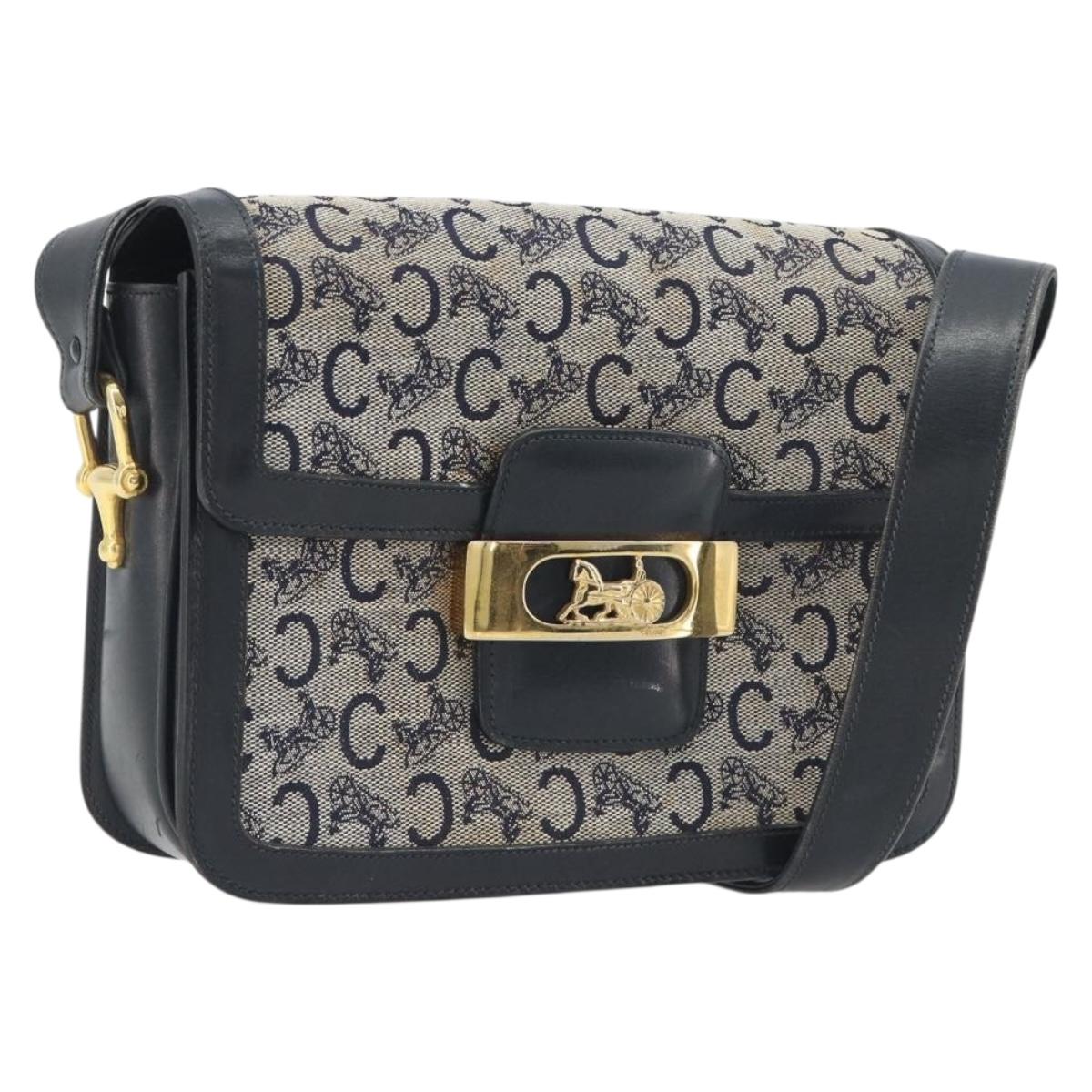 CELINE C Sulky Shoulder Bag Canvas Navy Gold Tone Auth ep15449