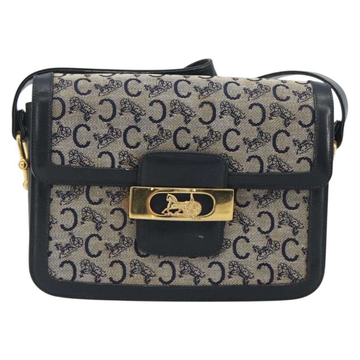 CELINE C Sulky Shoulder Bag Canvas Navy Gold Tone Auth ep15449