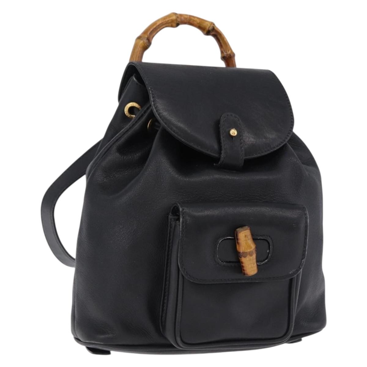 GUCCI Bamboo Backpack Leather Black Gold Tone 003 2034 0030 Auth ep15450