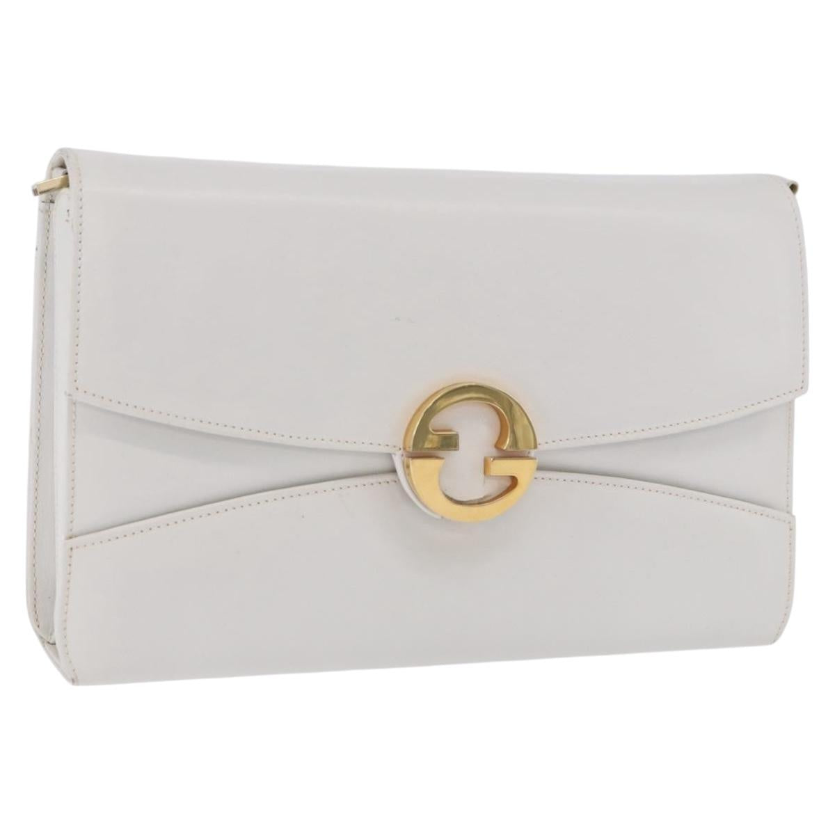 GUCCI Shoulder Bag Leather White Gold Tone Auth ep15453