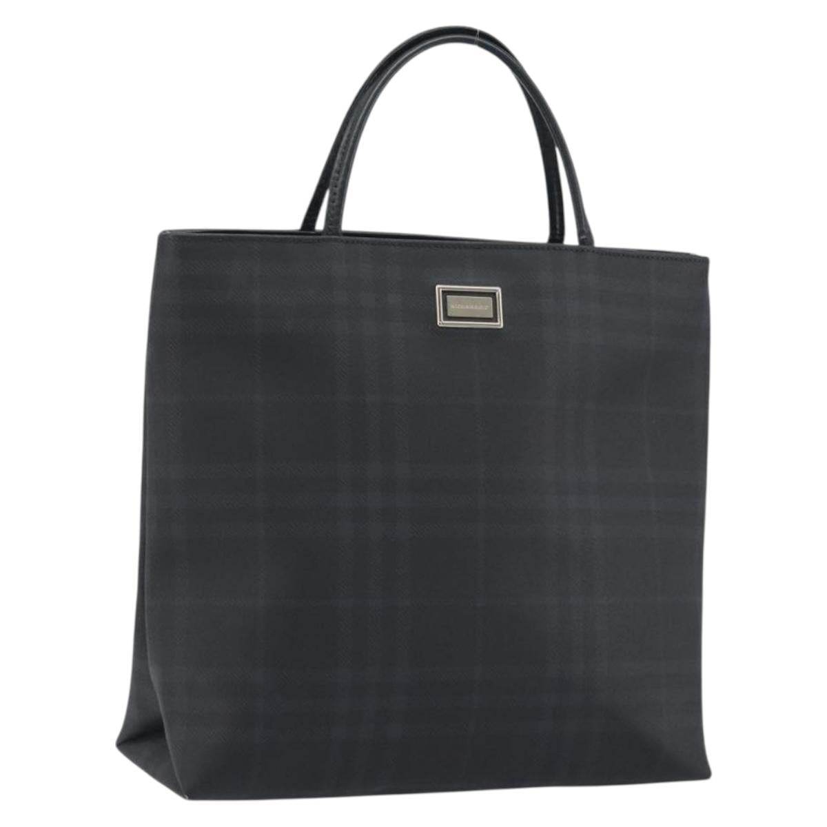 BURBERRY Nova Check Hand Bag PVC Leather Navy Silver Auth ep15470