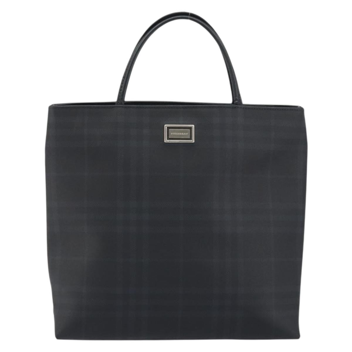 BURBERRY Nova Check Hand Bag PVC Leather Navy Silver Auth ep15470