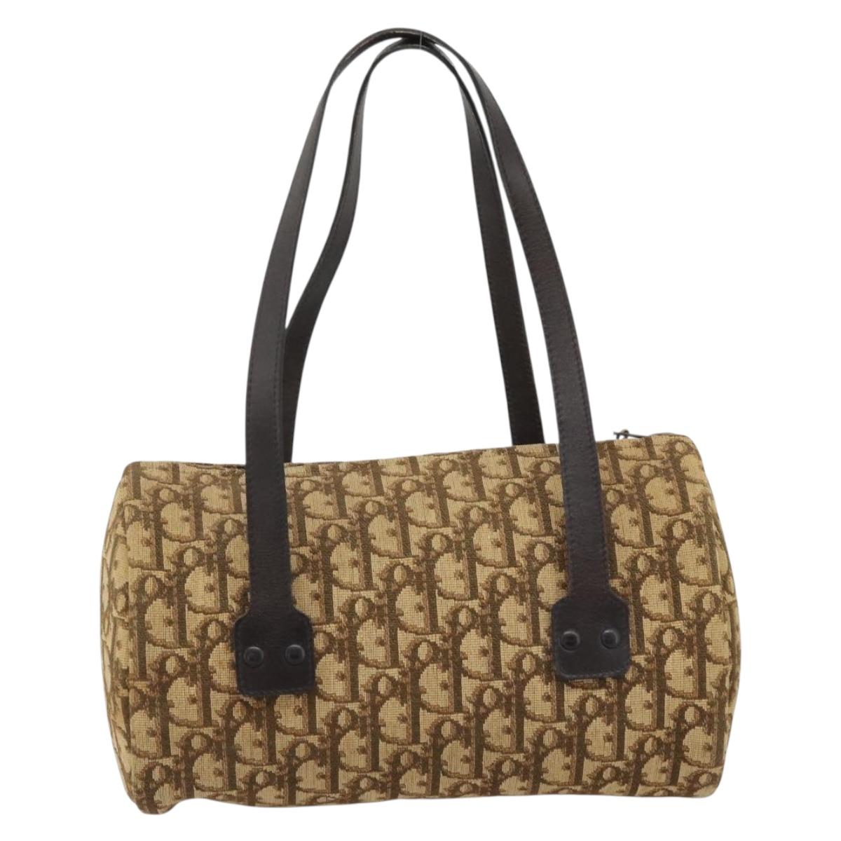 Christian Dior Trotter Canvas Hand Bag Beige Gold Tone Auth ep15481