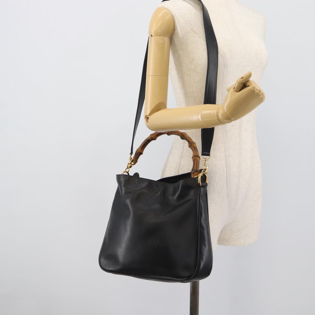 GUCCI Bamboo Shoulder Bag Leather 2way Black Gold 001 1705 1638 Auth ep15504