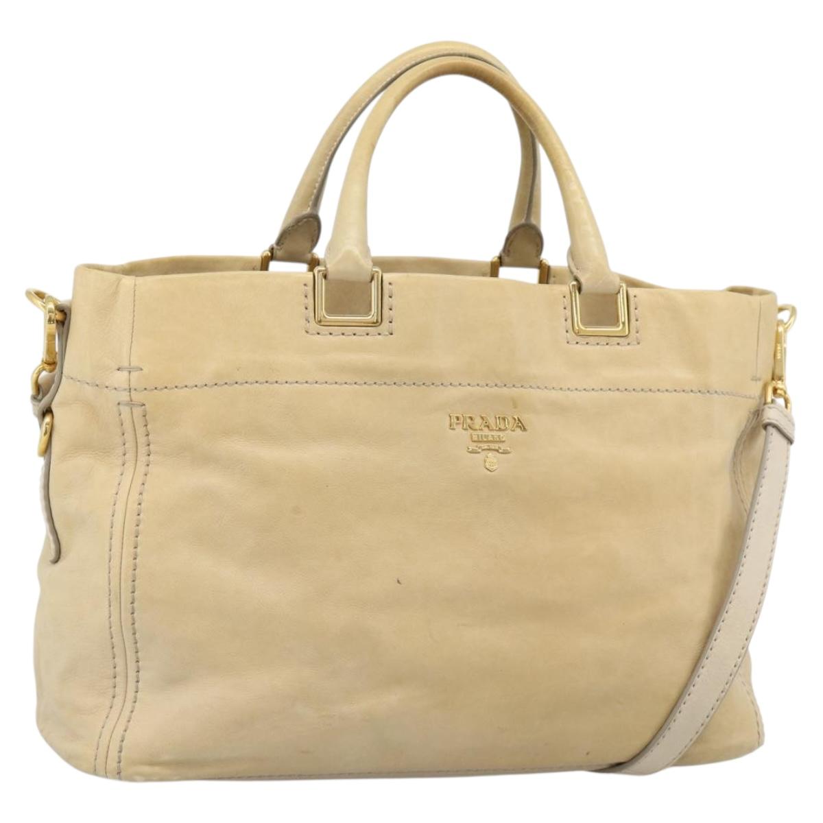 PRADA Hand Bag Leather 2way Beige Gold Auth ep15506