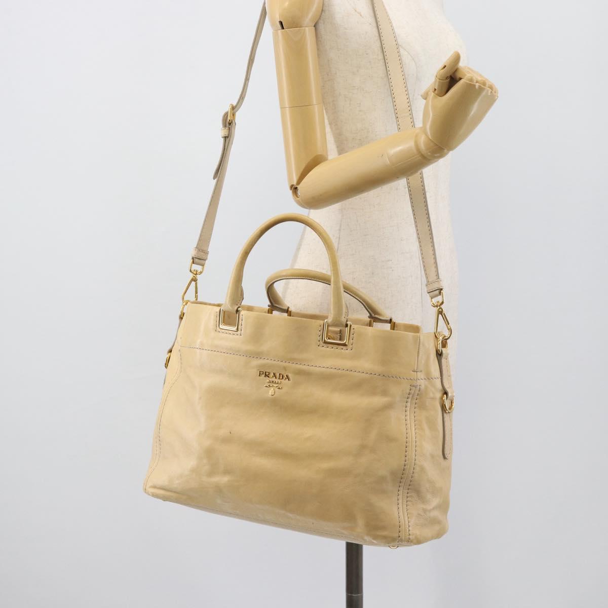 PRADA Hand Bag Leather 2way Beige Gold Auth ep15506