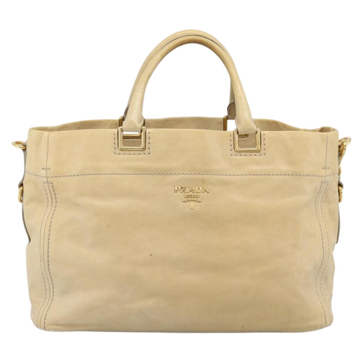 PRADA Hand Bag Leather 2way Beige Gold Auth ep15506
