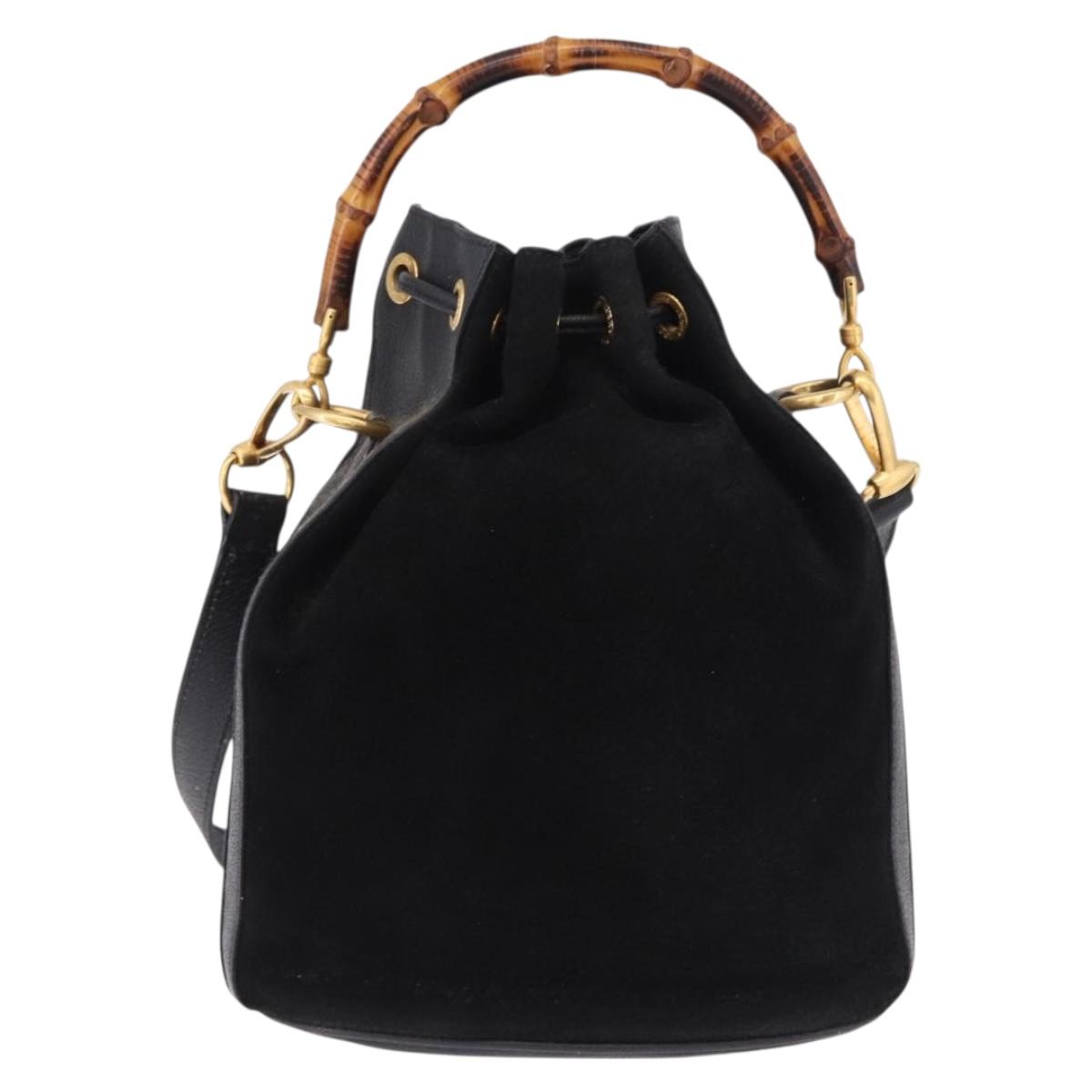 GUCCI Bamboo Purse Shoulder Bag Suede 2way Black Gold 001 2865 1657 Auth ep15527