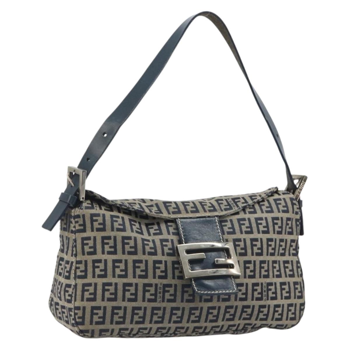 FENDI Zucchino Canvas Mamma Baguette Shoulder Bag Navy Silver Auth ep15548A