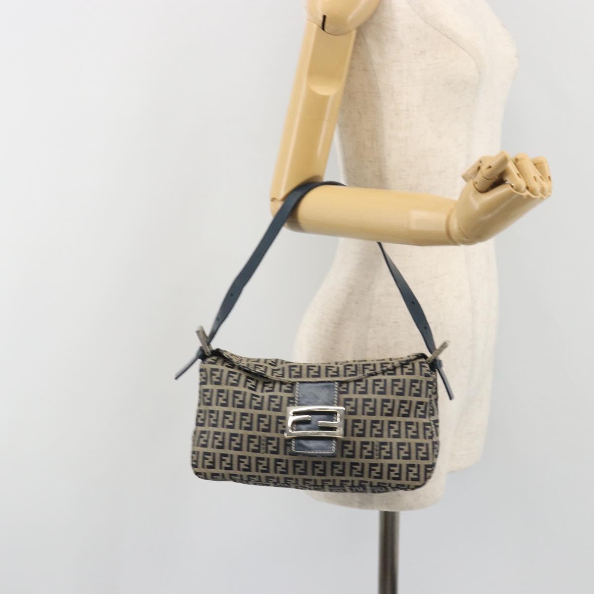 FENDI Zucchino Canvas Mamma Baguette Shoulder Bag Navy Silver Auth ep15548A