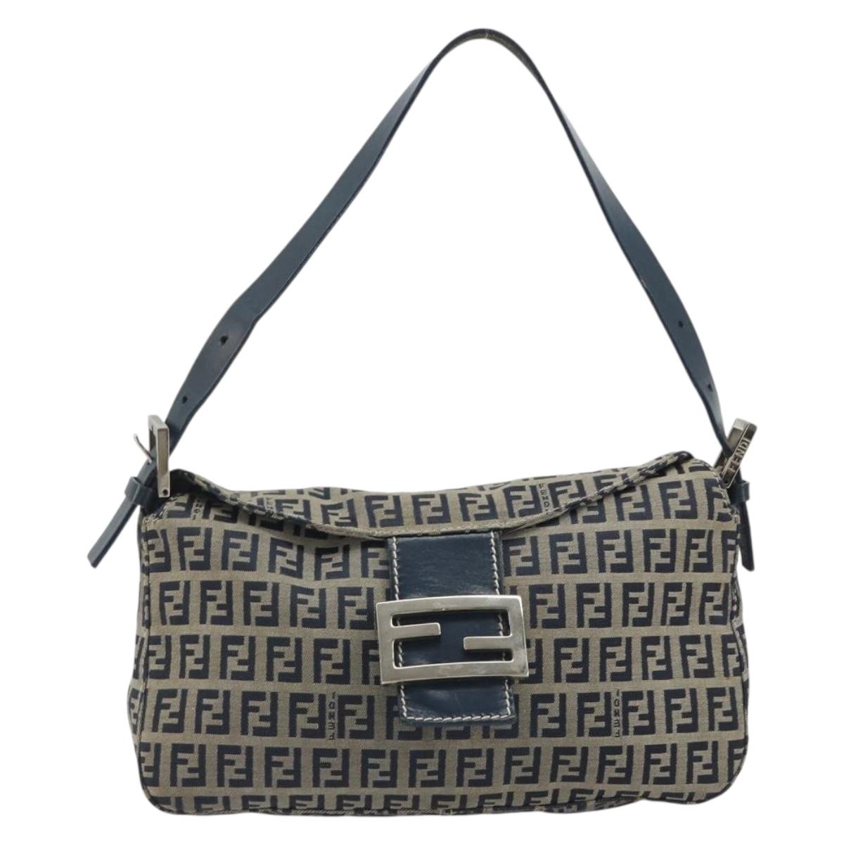 FENDI Zucchino Canvas Mamma Baguette Shoulder Bag Navy Silver Auth ep15548A