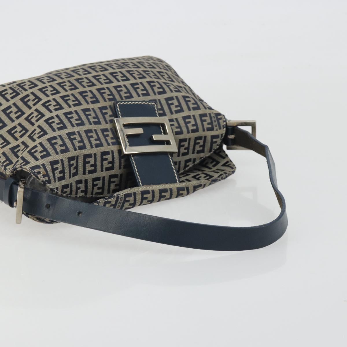 FENDI Zucchino Canvas Mamma Baguette Shoulder Bag Navy Silver Auth ep15548A