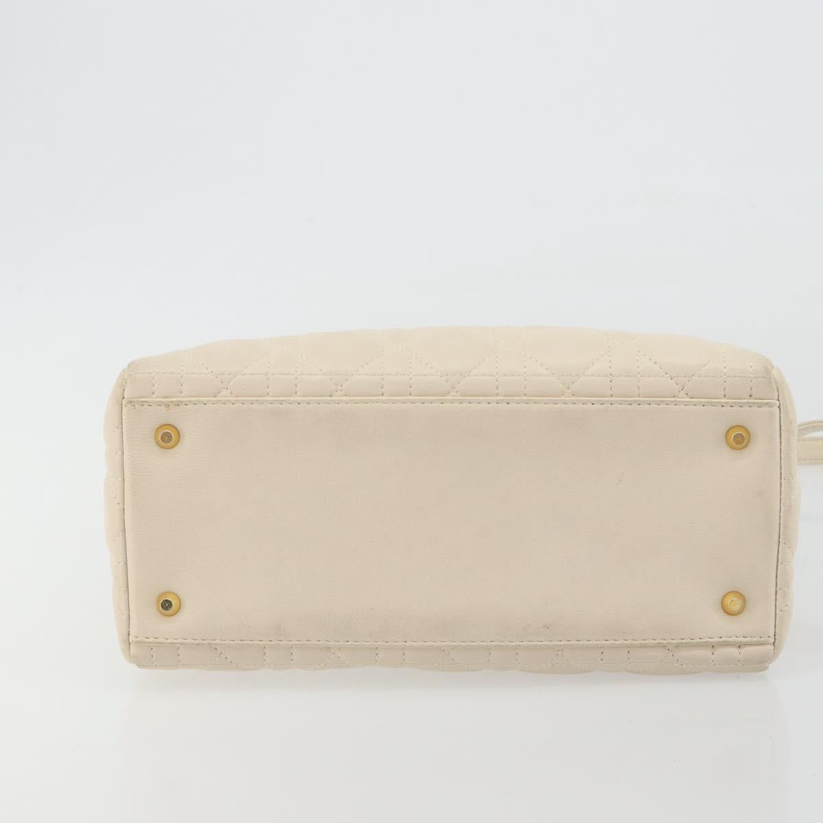 Christian Dior Lady Dior Canage Hand Bag Lamb Skin 2way White Gold Auth ep15557A