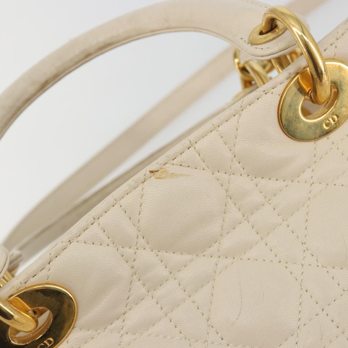 Christian Dior Lady Dior Canage Hand Bag Lamb Skin 2way White Gold Auth ep15557A
