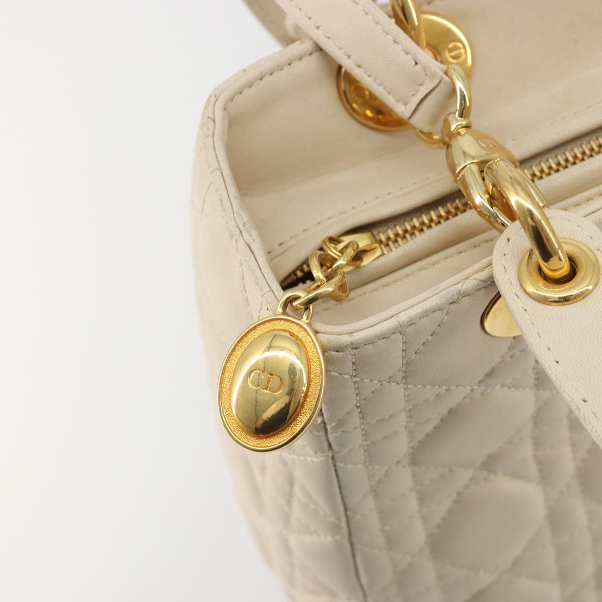 Christian Dior Lady Dior Canage Hand Bag Lamb Skin 2way White Gold Auth ep15557A