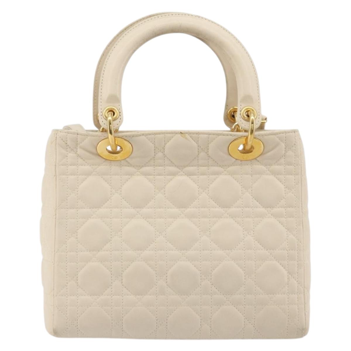 Christian Dior Lady Dior Canage Hand Bag Lamb Skin 2way White Gold Auth ep15557A