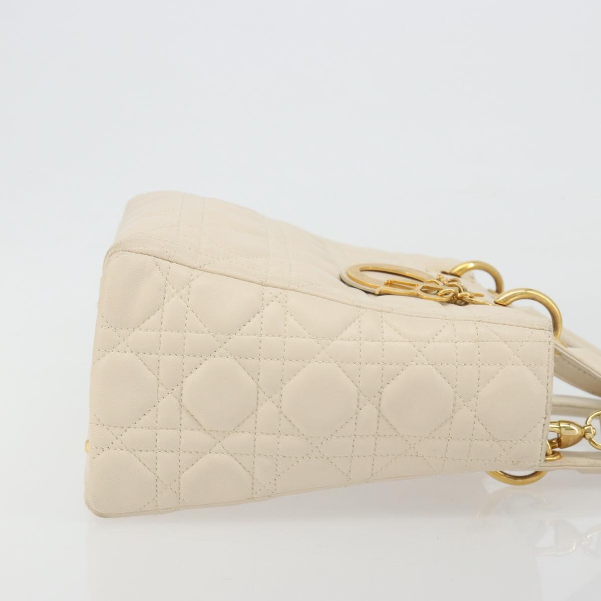 Christian Dior Lady Dior Canage Hand Bag Lamb Skin 2way White Gold Auth ep15557A