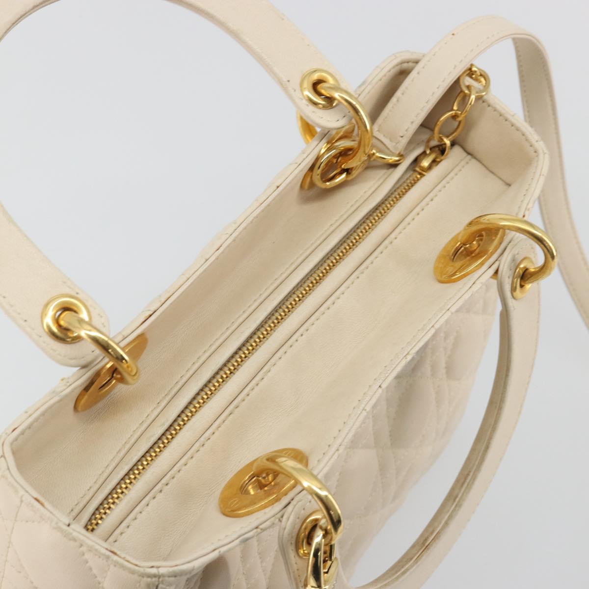 Christian Dior Lady Dior Canage Hand Bag Lamb Skin 2way White Gold Auth ep15557A
