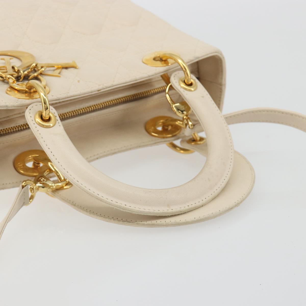 Christian Dior Lady Dior Canage Hand Bag Lamb Skin 2way White Gold Auth ep15557A