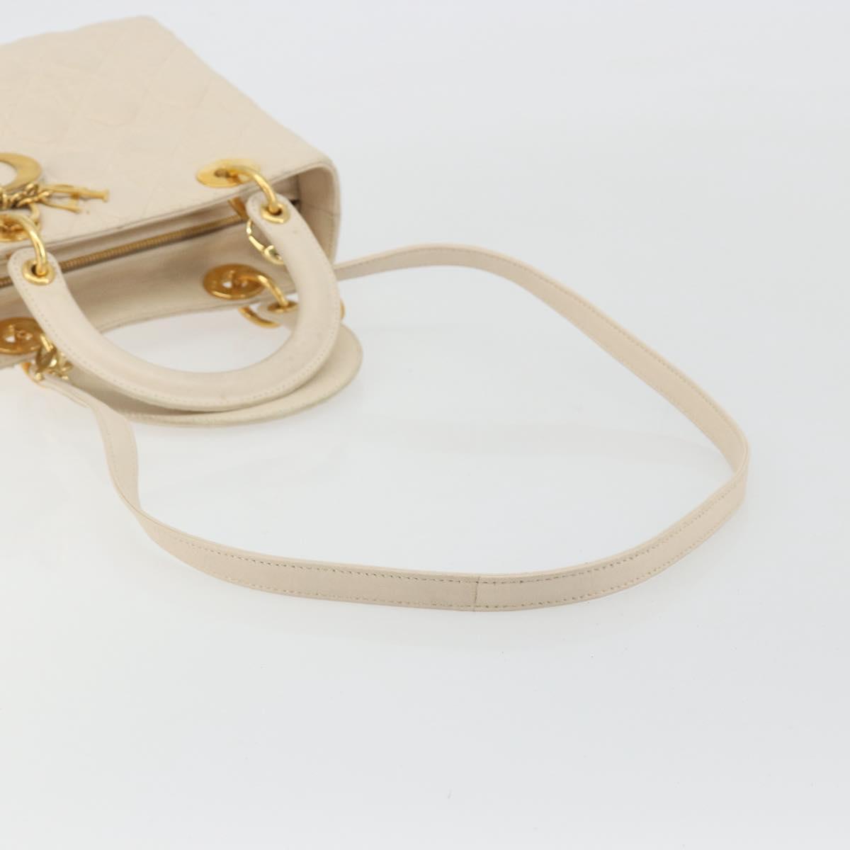 Christian Dior Lady Dior Canage Hand Bag Lamb Skin 2way White Gold Auth ep15557A