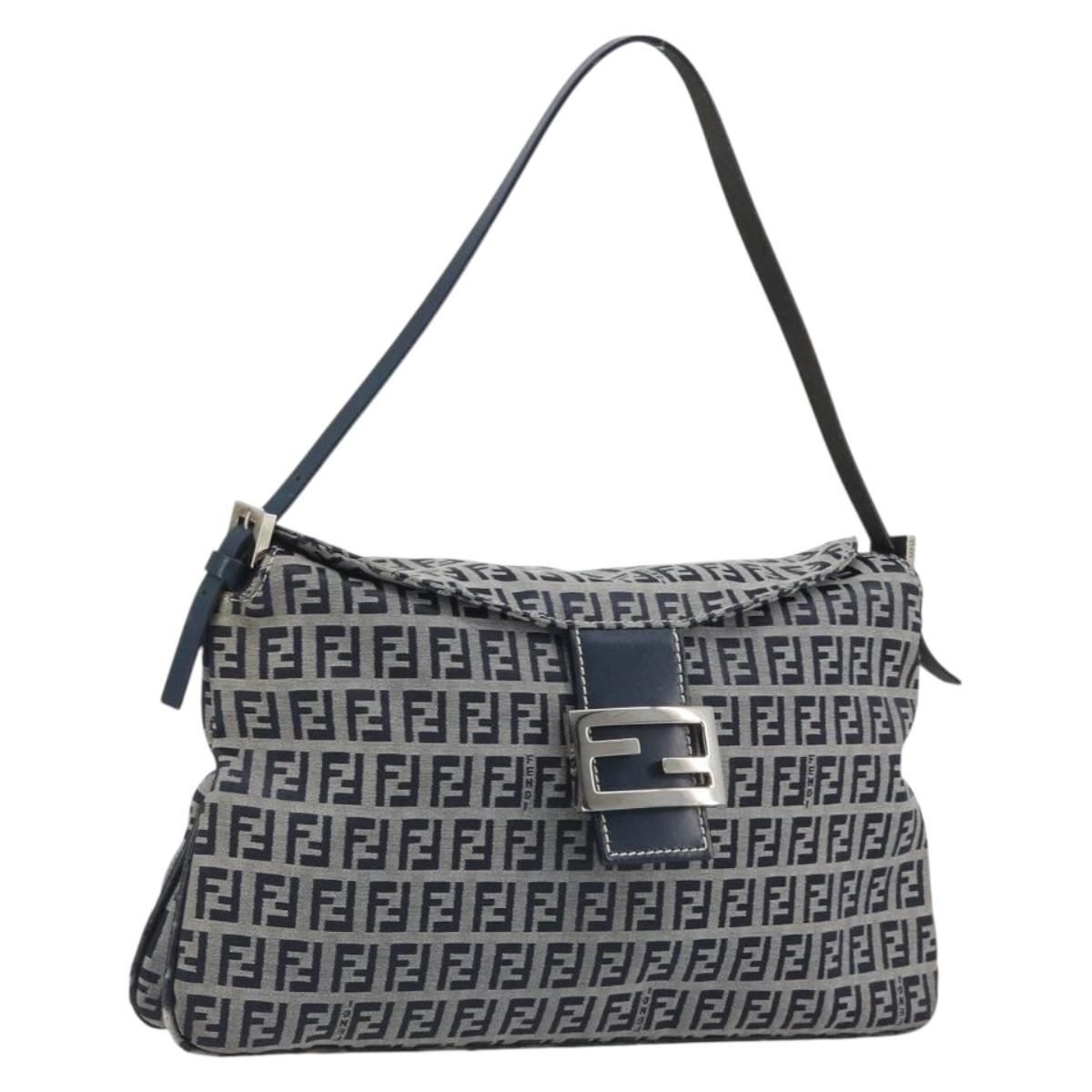 FENDI Zucchino Canvas Mamma Baguette Shoulder Bag Navy Silver Auth ep15583