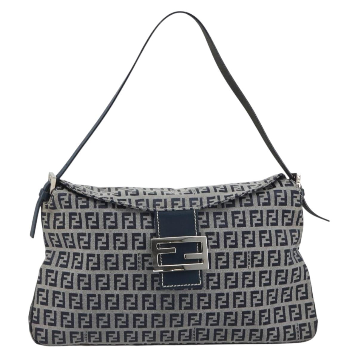 FENDI Zucchino Canvas Mamma Baguette Shoulder Bag Navy Silver Auth ep15583