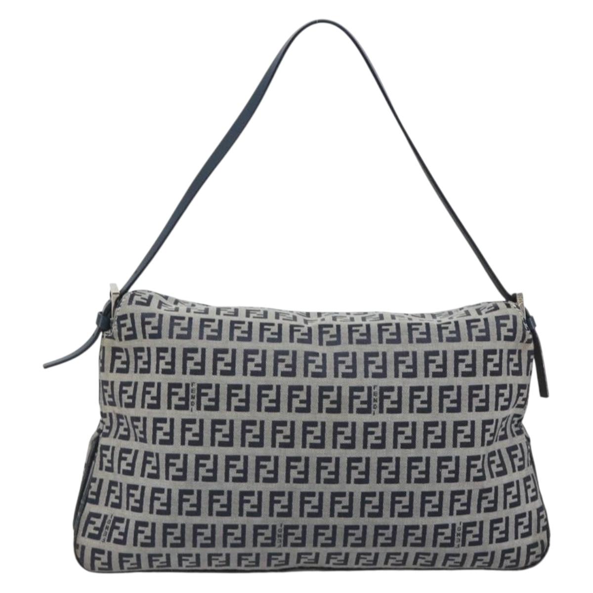 FENDI Zucchino Canvas Mamma Baguette Shoulder Bag Navy Silver Auth ep15583