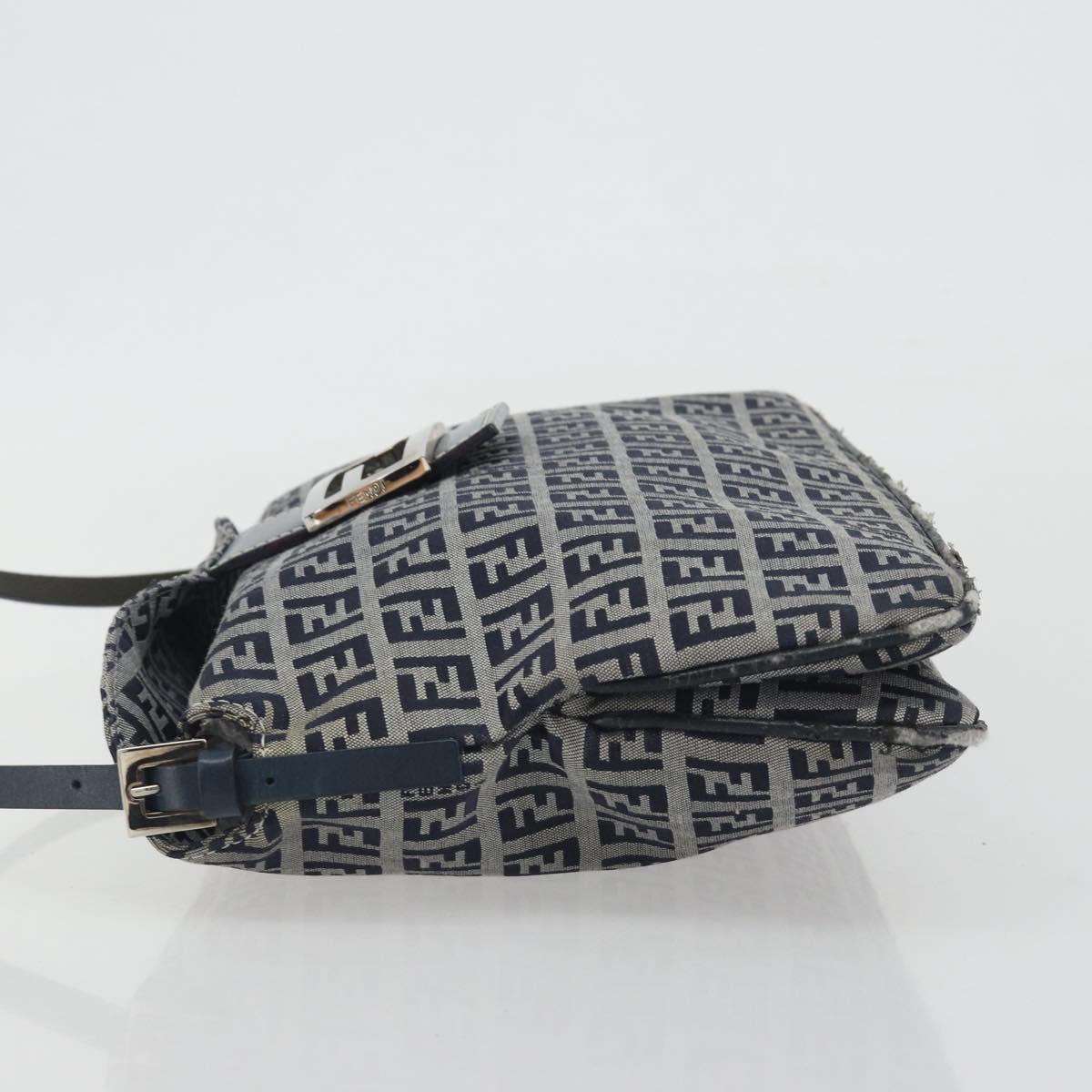 FENDI Zucchino Canvas Mamma Baguette Shoulder Bag Navy Silver Auth ep15583
