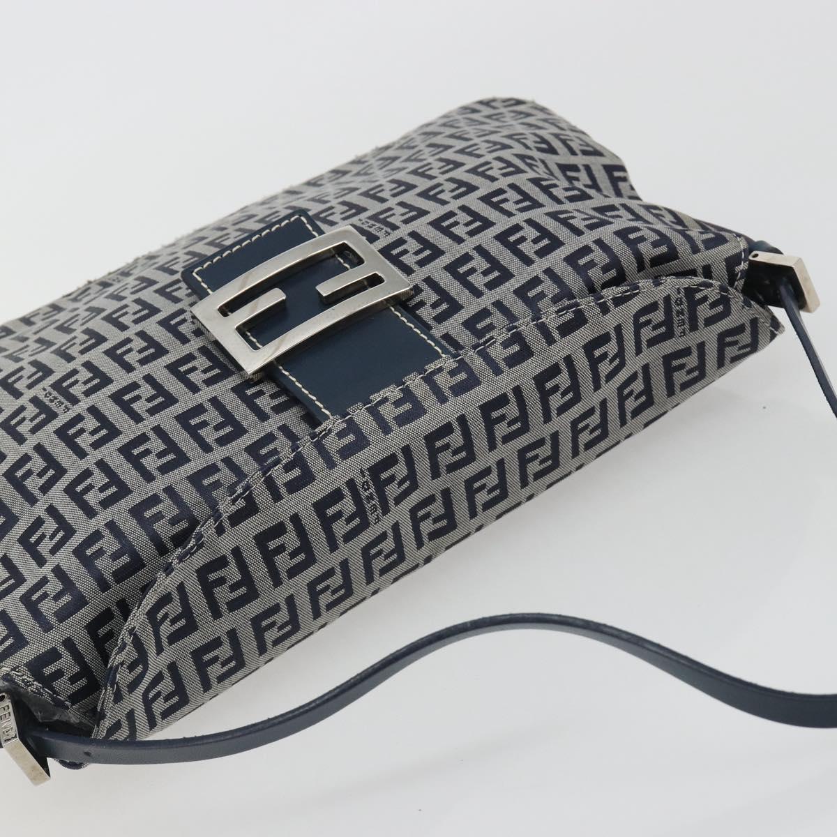 FENDI Zucchino Canvas Mamma Baguette Shoulder Bag Navy Silver Auth ep15583