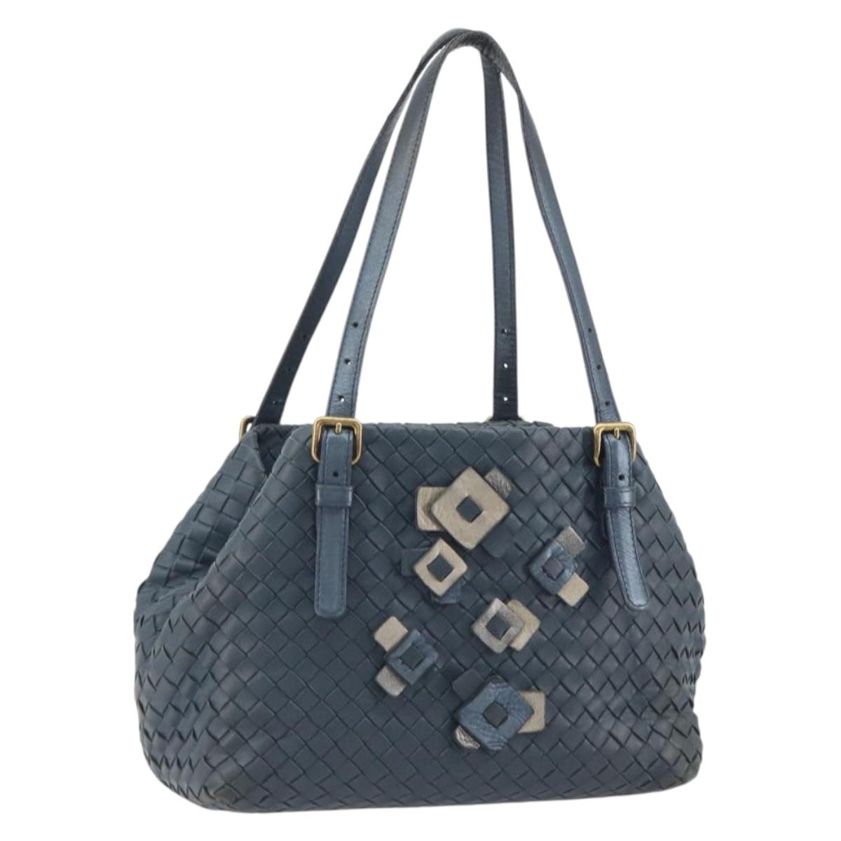 BOTTEGA VENETA INTRECCIATO Hand Bag Leather Blue Gold Auth ep15585