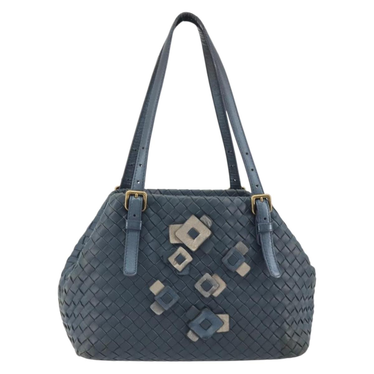 BOTTEGA VENETA INTRECCIATO Hand Bag Leather Blue Gold Auth ep15585